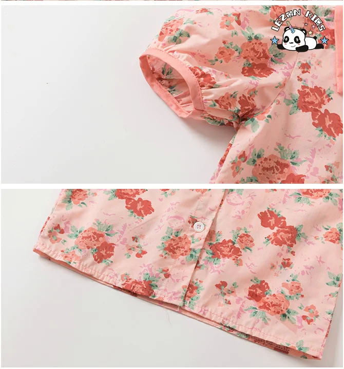 LEZONKIDS - Customizable New Summer Floral Short Sleeve Cotton Children Little Girls Clothing Sets for Kids